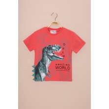 Kiremit Dinozor Baskılı Bisiklet Yaka Erkek Bebek Tişört 20953