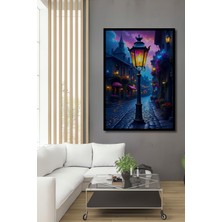 Çerçeve Görünümlü Romantik Sokak Lambası Yağlı Boya Görünümlü Dekoratif Ahşap Ofis Kare Tablo