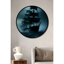 Çerçeve Görünümlü Korsan Gemisi Fırtınası Yağlı Boya Görünümlü Dekoratif Ahşap Ofis Yuvarlak Tablo