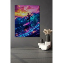Neon Dalgaların Sörfçüsü Yağlı Boya Görünümlü Dekoratif Ahşap Ev/işyeri/ofis Kare Tablo