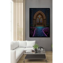 Çerçeve Görünümlü Neon Işıltılı Katedral Rüyası Dekoratif Ahşap Ev/işyeri/ofis Kare Tablo