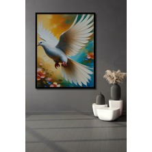 Çerçeve Görünümlü Yağlı Boya Görünümlü Beyaz Güvercin ve Çiçekler Dekoratif Ahşap Ofis Kare Tablo