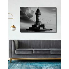 Siyah Beyaz Deniz Feneri Manzaralı Dekoratif Ahşap Ev/işyeri/ofis Kare Tablo