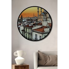 Çerçeve Görünümlü Istanbul Panorama Kara Kalem Görünümlü Dekoratif Ahşap Işyeri/ofis Yuvarlak Tablo