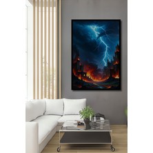 Çerçeve Görünümlü Kıyamet Günü Yanan Kaleler Yağlı Boya Görünümlü Dekoratif Ahşap Ofis Kare Tablo