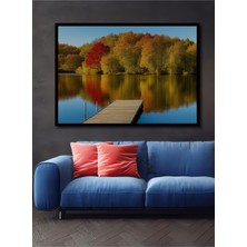 Çerçeve Görünümlü Sonbahar Gölünde Kızıl Ağaçlar Yağlı Boya Görünümlü Ahşap Ofis Kare Tablo