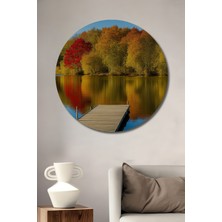 Sonbahar Gölünde Kızıl Ağaçlar Yağlı Boya Görünümlü Dekoratif Ahşap Ev/işyeri/ofis Yuvarlak Tablo