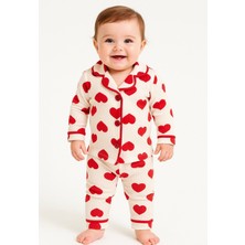 Mini Love Tuem Baby Kız Bebek Gömlek Yaka Kırmızı  Kalp  Baskılı  Uzun Kollu Pijama Takımı 6-9 Ay/ 9-12 Ay/ 12-18 Ay/ 18-24 Ay
