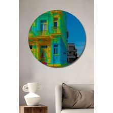 Neon Renkli Şehir Palas Yağlı Boya Görünümlü Dekoratif Ahşap Ev/işyeri/ofis Yuvarlak Tablo