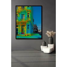 Çerçeve Görünümlü Neon Renkli Şehir Palas Yağlı Boya Görünümlü Dekoratif Ahşap Ofis Kare Tablo