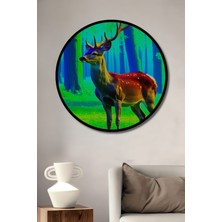 Çerçeve Görünümlü Neon Ormanda Yağlı Boya Görünümlü Geyik Sanat Ofis Dekoratif Ahşap Yuvarlak Tablo