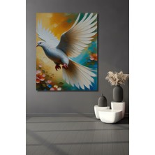 Yağlı Boya Görünümlü Beyaz Güvercin ve Çiçekler Dekoratif Ahşap Ev/işyeri/ofis Kare Tablo