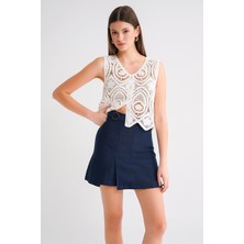 4565 Kadın Yırtmaçlı Toka Detaylı Keten Etek Lacivert