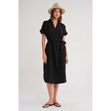 4720 Kadın Pile Detaylı Bağlamalı V Yaka Müslin Elbise Siyah