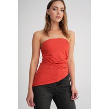 2013 Kadın Beli Büzgülü Asimetrik Straplez Bluz Kırmızı