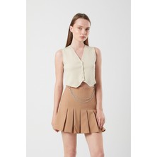 4155 Kadın Zincir Detay Pileli Mini Etek Vizon