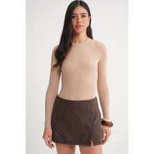 6938 Kadın Bisiklet Yaka Fitilli Triko Body Camel