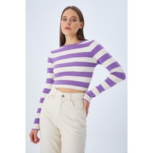 6644 Kadın Bisiklet Yaka Çizgili Kazak Lila