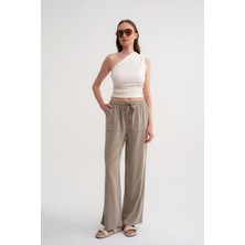 4629 Kadın Bol Paça Yüksek Bel Viskon Palazzo Pantolon Toprak