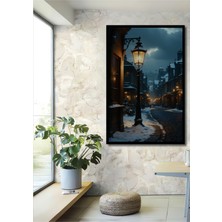 Çerçeve Görünümlü Kış Masalı Sokak Lambası Yağlı Boya Görünümlü Dekoratif Ahşap Ofis Kare Tablo