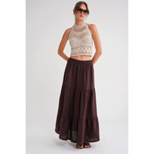 4567 Kadın Fırfırlı Uzun Müslin Etek Kahve