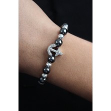 Doğal Taş Çapa Model Gümüş ve Füme Renk Asansörlü Erkek Bileklik