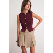 6962 Kadın Gold Düğmeli Triko Yelek Bordo