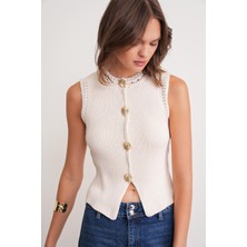 6962 Kadın Gold Düğmeli Triko Yelek Naturel