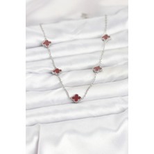 316L Çelik Zincir Gümüş Renk Bordo Baby Boy Yonca Kadın Kolye - Bamido