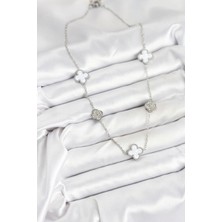 316L Çelik Zincir Gümüş Renk Beyaz ve Zirkon Taşlı Yonca Kadın Kolye - Bamido