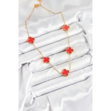 316L Çelik Zincir Gold Kırmızı Renk Yonca Kadın Kolye - Bamido