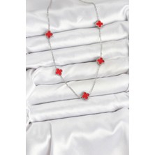 316L Çelik Zincir Gümüş Renk Kırmızı Baby Boy Yonca Kadın Kolye - Bamido