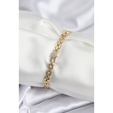 Pirinç Vıp Seri Gold Renk Zincir Model Kalpli Zirkon Taşlı Kadın Bileklik