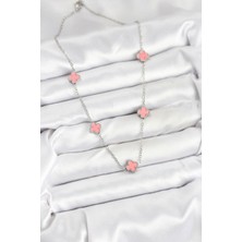 316L Çelik Zincir Gümüş Renk Pembe Baby Boy Yonca Kadın Kolye - Bamido