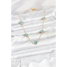 316L Çelik Zincir Gold Renk Buz Mavisi Baby Boy Yonca Kadın Kolye - Bamido