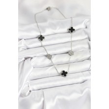 316L Çelik Zincir Gümüş Renk Siyah ve Zirkon Taşlı Yonca Kadın Kolye - Bamido