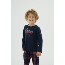 Erkek Çocuk Lacivert Uzun Kollu Kareli Desenli Pijama Takımı C8T3N98