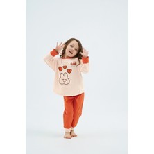 Kız Çocuk Tavşan Desenli Uzun Kollu Açık Somon Pijama Takımı C0T3N98