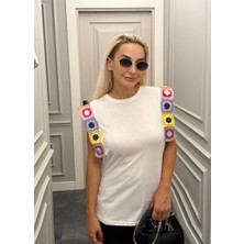 Örgü Detaylı Kadın Beyaz T-Shirt