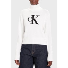 Calvin Klein Logolu Pamuklu Relaxed Fit Balıkçı Yaka Kazak LV047D354GYAA Bayan Kazak LV047D354G Yaa