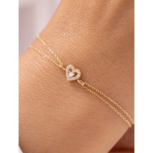 Minimal Kalpli Taşlı Çift Zincirli 14 Ayar Altın Bileklik