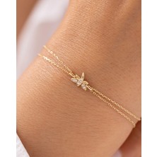 Minimal Taşlı Kelebek Çift Zincirli 14 Ayar Altın Bileklik