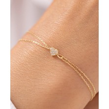 Minimal Kalpli Taşlı Çift Zincirli 14 Ayar Altın Bileklik