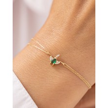 Yeşil Taşlı Zümrüt Kuşu Çift Zincirli 14 Ayar Altın Bileklik