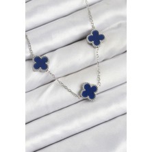 316L Çelik Zincir Gümüş Lacivert Renk Yonca Kadın Kolye