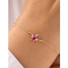 Kırmızı Taşlı Zümrüt Kuşu Çift Zincirli 14 Ayar Altın Bileklik