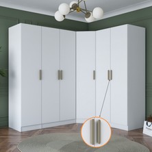 Rani BA152 Geniş Köşe Gardırop Elbise Dolabı 6 Kapaklı 16 Raflı 3 Askılı Modüler Dolap Beyaz