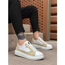 ET0423 Kalın Yüksek Taban Beyaz Krem Bağcıklı Spor Erkek Ayakkabı