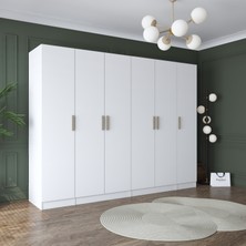 Rani BA157 Geniş Gardırop Elbise Dolabı 6 Kapaklı 13 Raflı 3 Askılı Modüler Dolap Beyaz