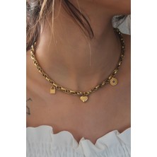 Çelik Gold Renk Kalın Zincir Model Kalp Figür Kadın Kolye